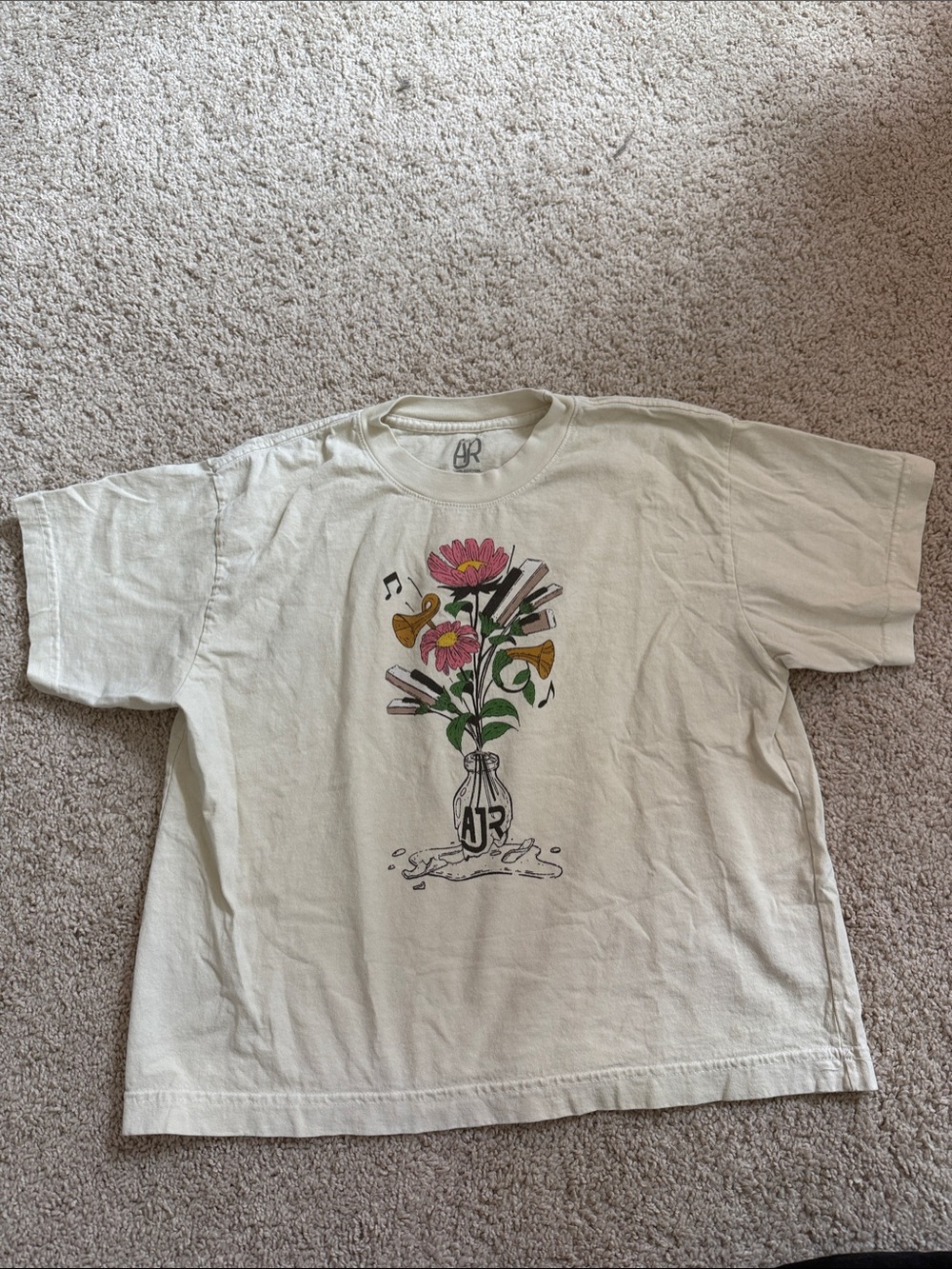 AJR 2025 Tour T Shirt in Medium - Graphic Floral Vase Tee in Yellow Cream